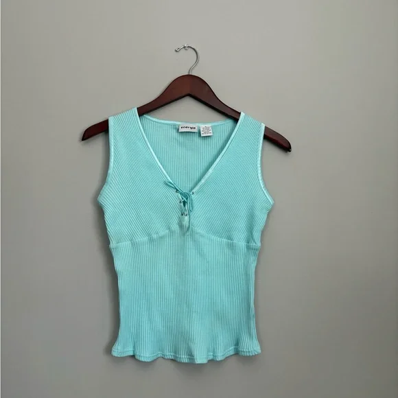 Y2K Stretch | XL | Energie Aqua Ribbed Tank Top Lace Up V Neck Fitted - Picture 2 of 5